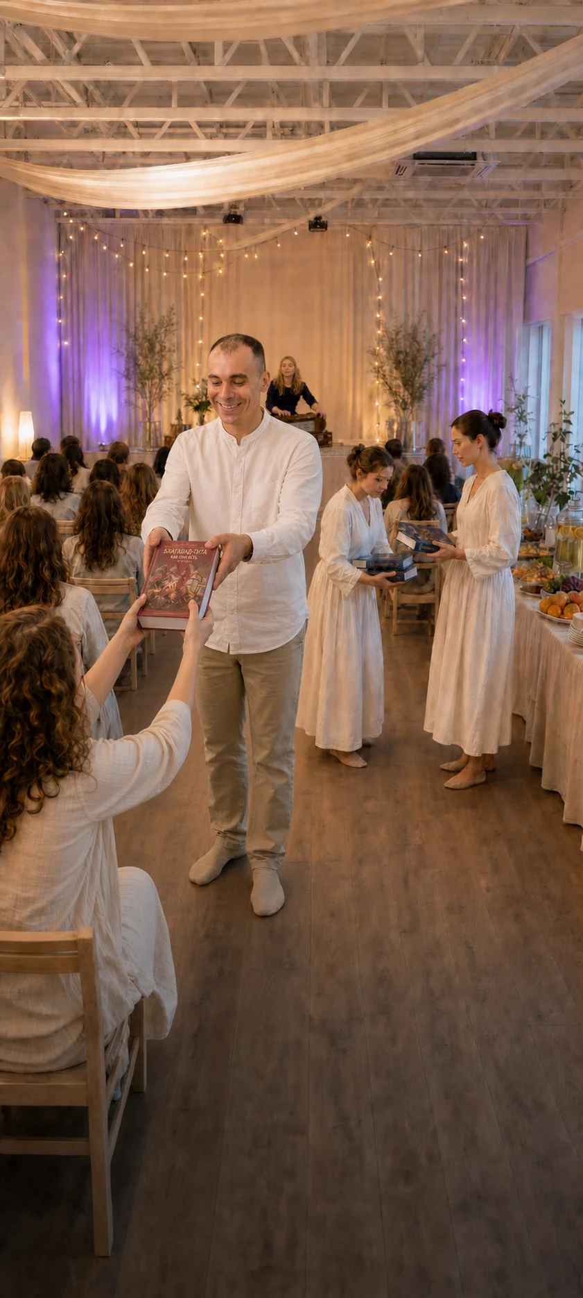 Veniamin Tkachuk offers Bhagavad-gītā As It Is in the Narayana hall during mantra meditation