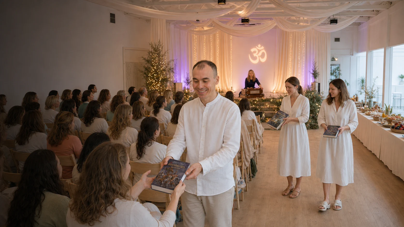 Veniamin Tkachuk and the Narayana team offer copies of Bhagavad-gītā As It Is to guests during mantra meditation